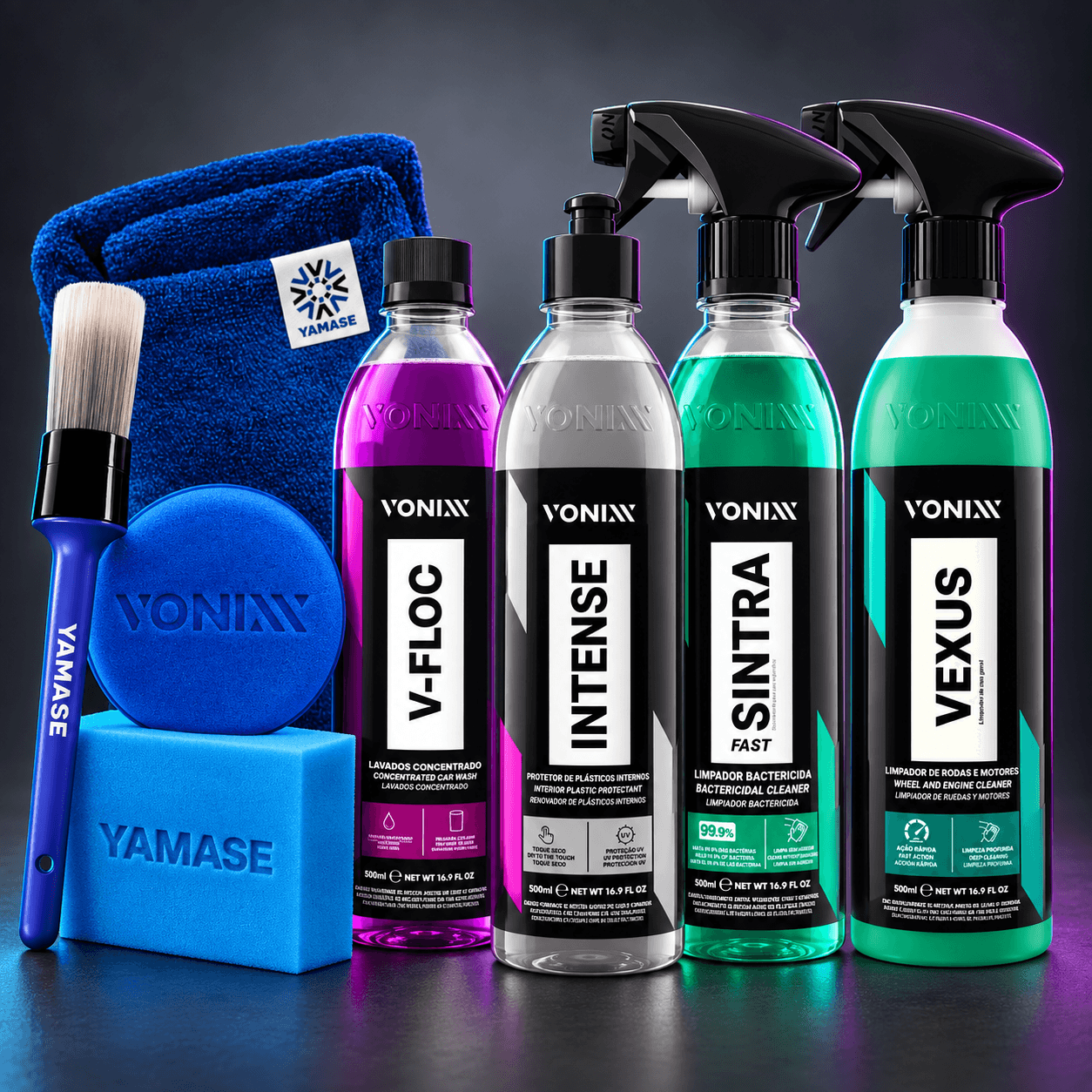 Produtos do kit Vonixx para lavagem e detalhamento automotivo